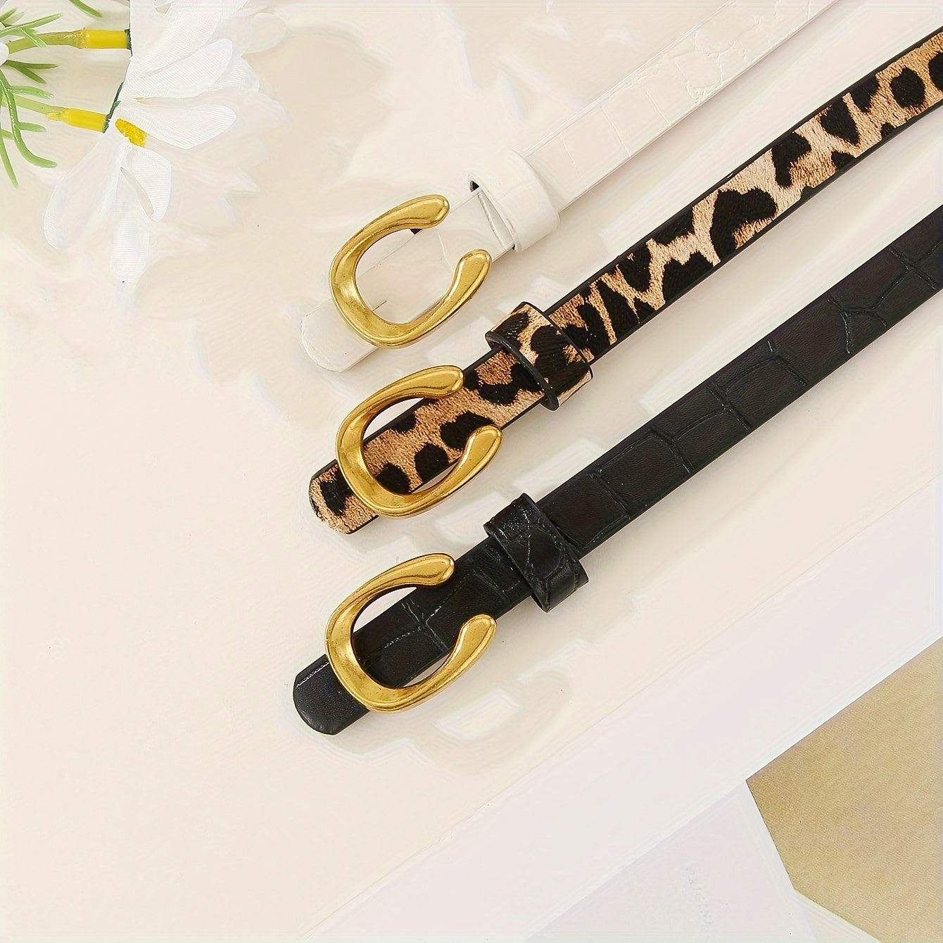 Set of 3 leopard and letter print belts with U-shaped alloy buckle, ideal for women's casual or business attire.