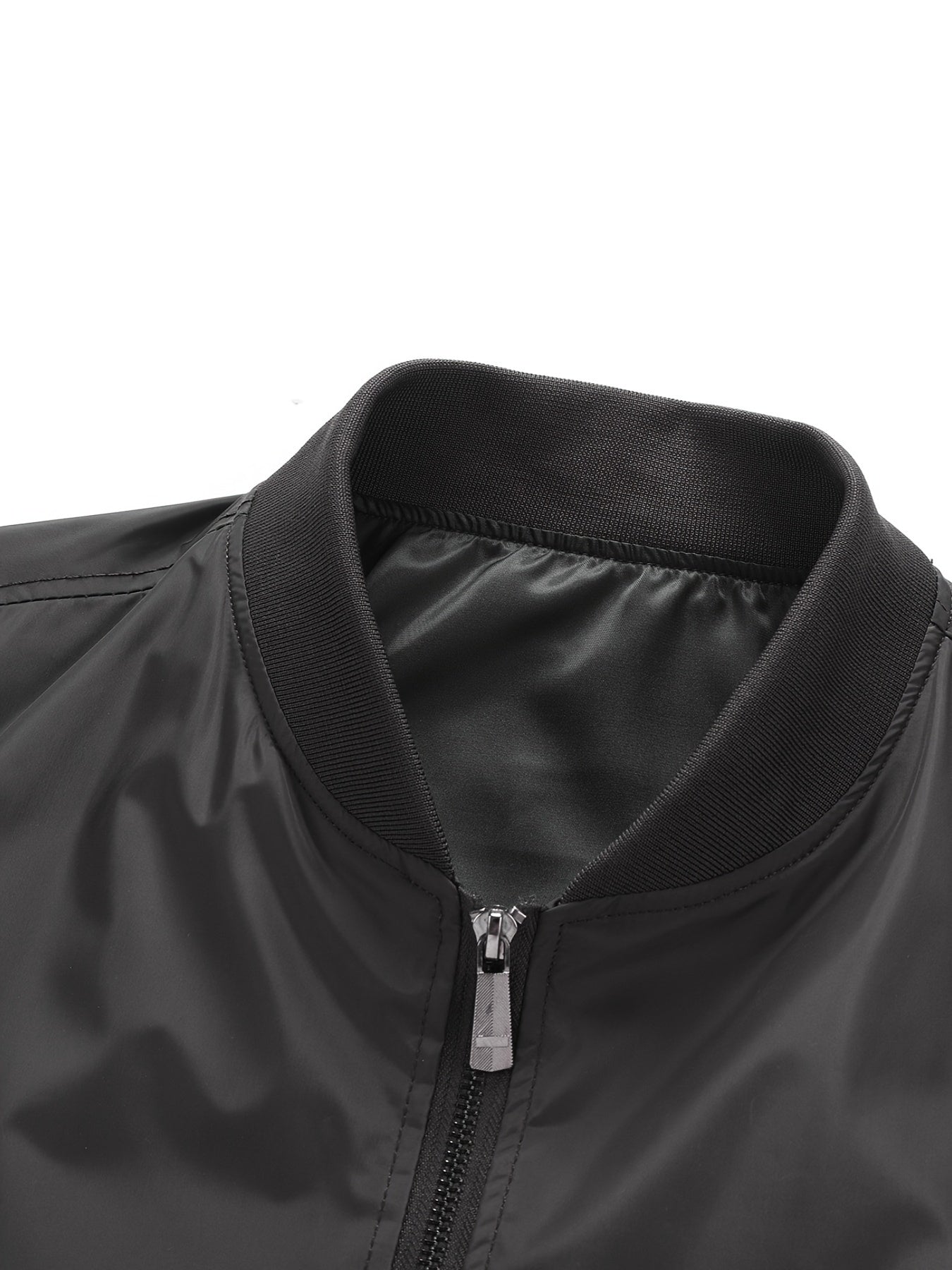 Men's Plus Size Lightweight Black Bomber Jacket with Stand Collar and Zip-Up Closure, Elastic Wrist Detail.