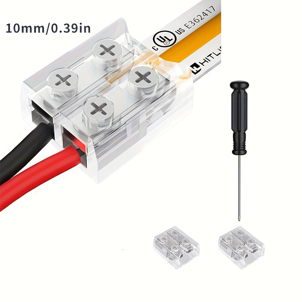 Easy-install LED strip light connectors for both home and commercial use. Includes screwdriver and solderless design for quick setup. Flexible LED tape lighting solution with solderless connection for easy installation.