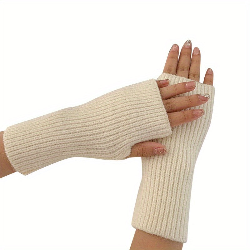 Knitted Fingerless Gloves in Solid Color with Half Finger Design for Warmth and Touch Screen Compatibility.