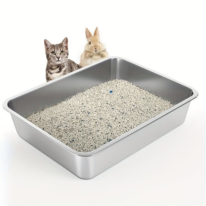 Stainless steel cat litter box with low side entry for cats & rabbits, odor-resistant and easy to clean.