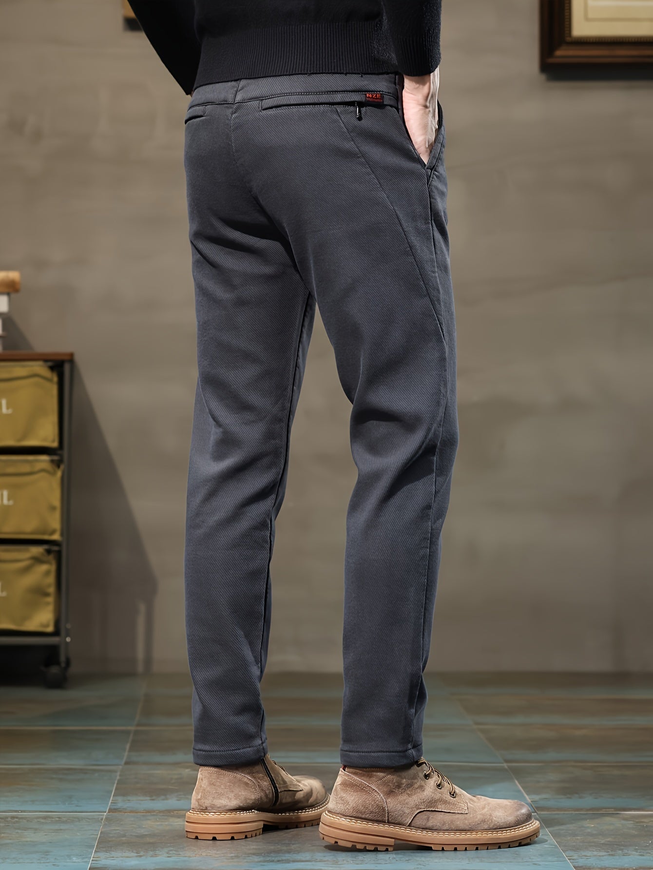 Men's slim fit casual pants made of trendy cotton blend with zipper design, suitable for all seasons.