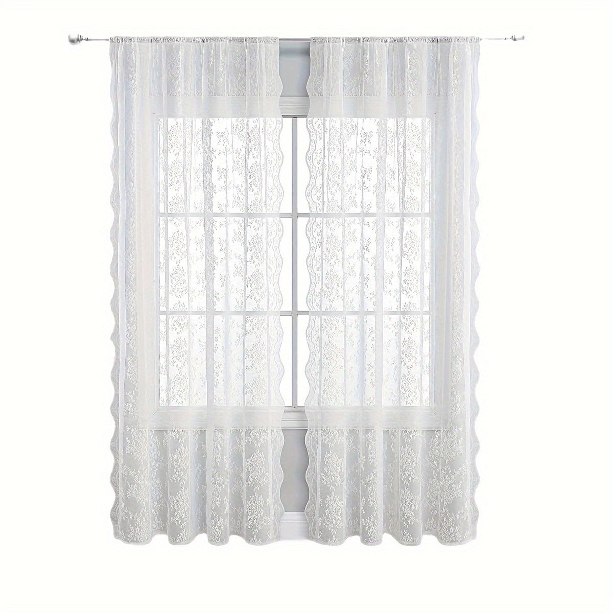 White Lace Window Screen with Double Lace Rod, Solid Color Jacquard Lace Curtain, and White Gauze Curtain - 1 piece