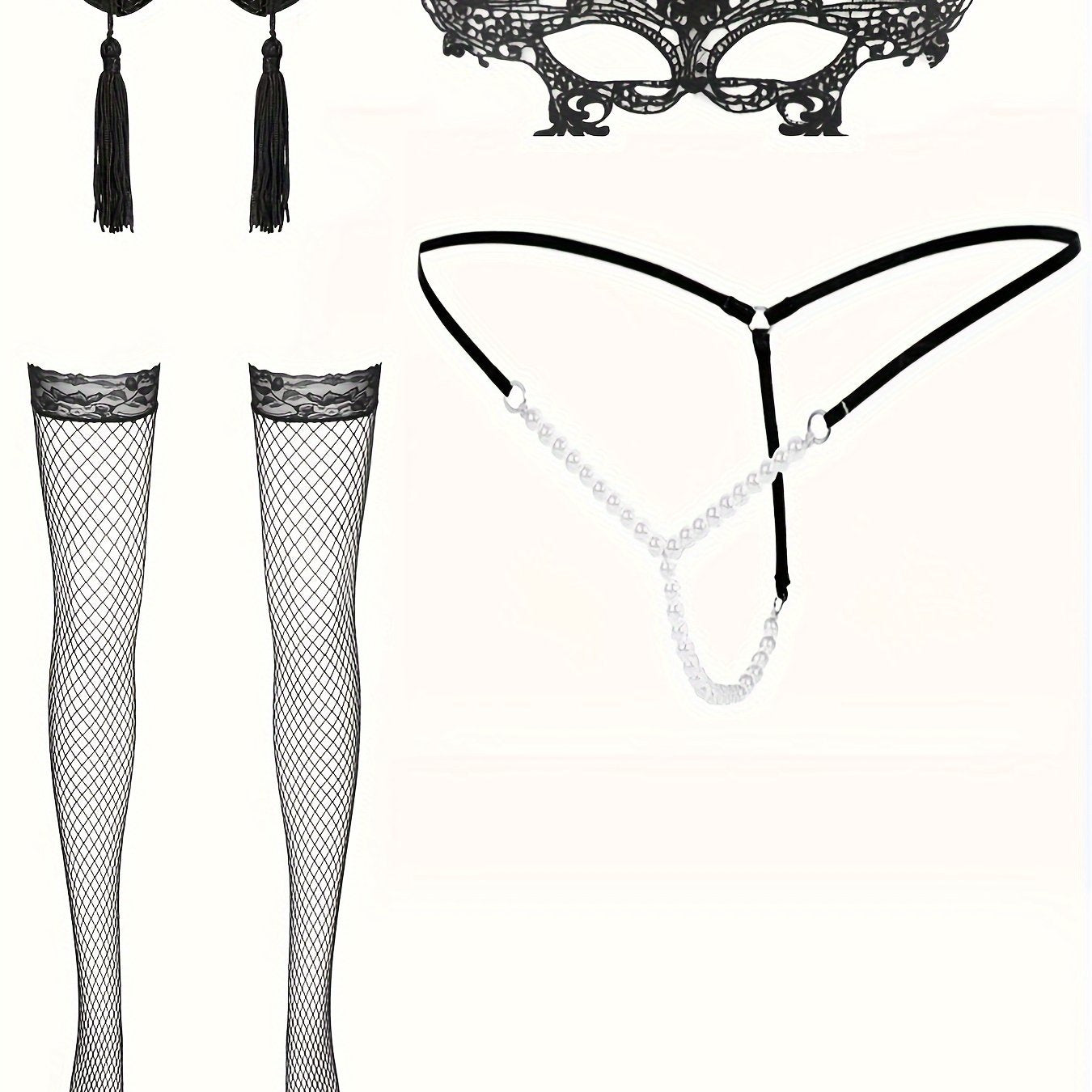 Women's sexy lingerie set includes a pearl thong, breast patches, stockings, and lace eye mask.