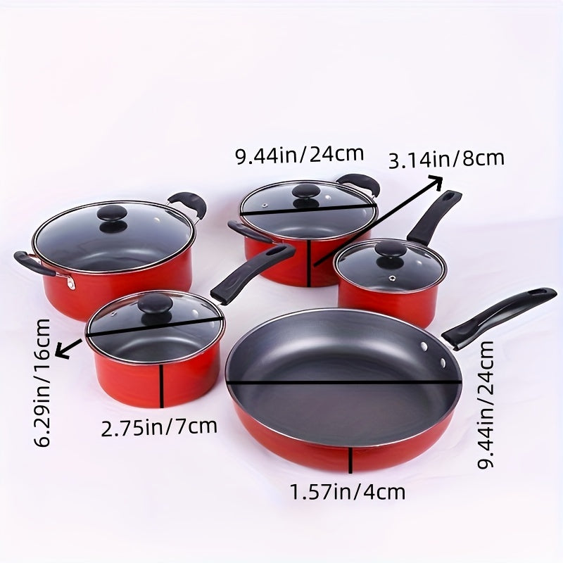 Set of 5 Red Enamel Cookware Pieces - Non-Stick, Great for Home or Restaurant Cooking - Perfect Present for the Holidays