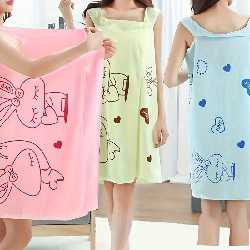 Cartoon rabbit love bath towel for women, with chest sling for easy wear. Made of fade-resistant, absorbent polyester. Soft, quick-dry, and contemporary style.