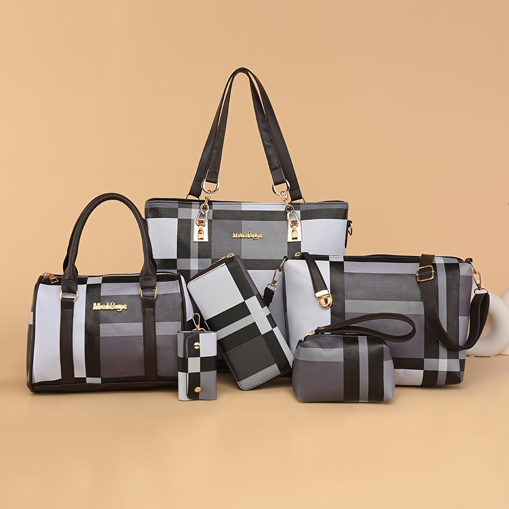 Checkered 6-piece fashion handbag set includes faux leather tote, crossbody, and shoulder bags with a simple versatile design for women.