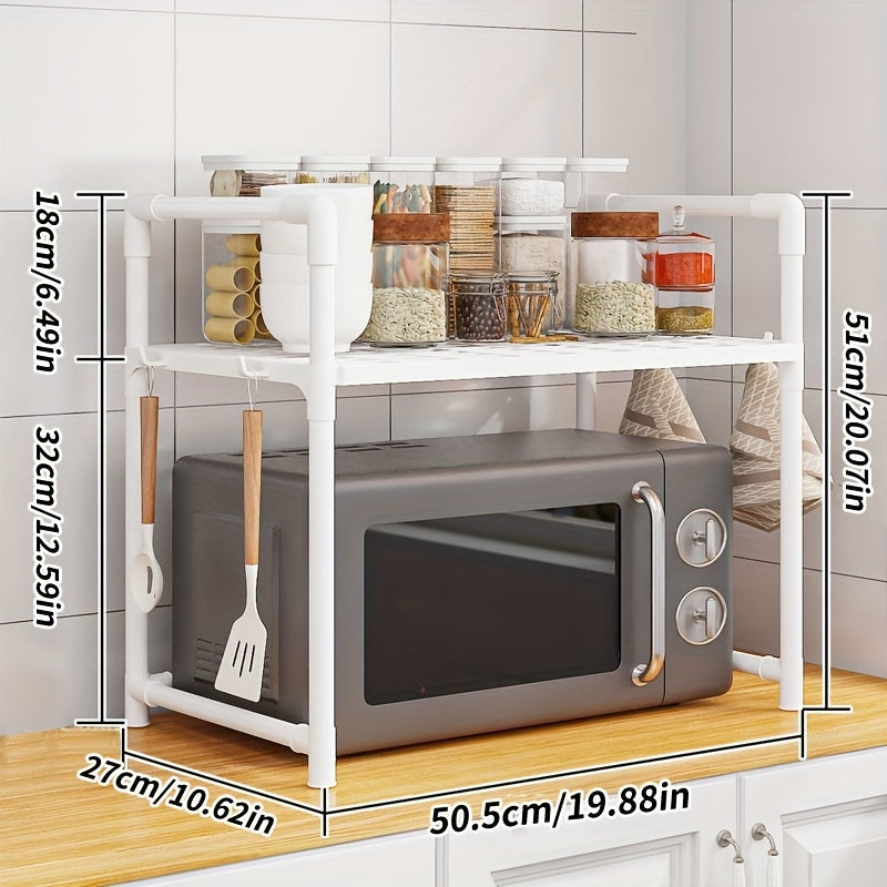 Multi-functional Kitchen Organizer with Handle & Hooks - Durable Plastic/Metal, Adjustable Shelves for Organizing Microwave, Oven & Other Items - Ideal for Countertops, Bedroom & Bathroom Storage Needs