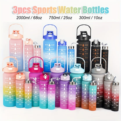 Set of 3 sports water bottles with time marker, leakproof design, and one-click open lid. Great for fitness and outdoor activities.