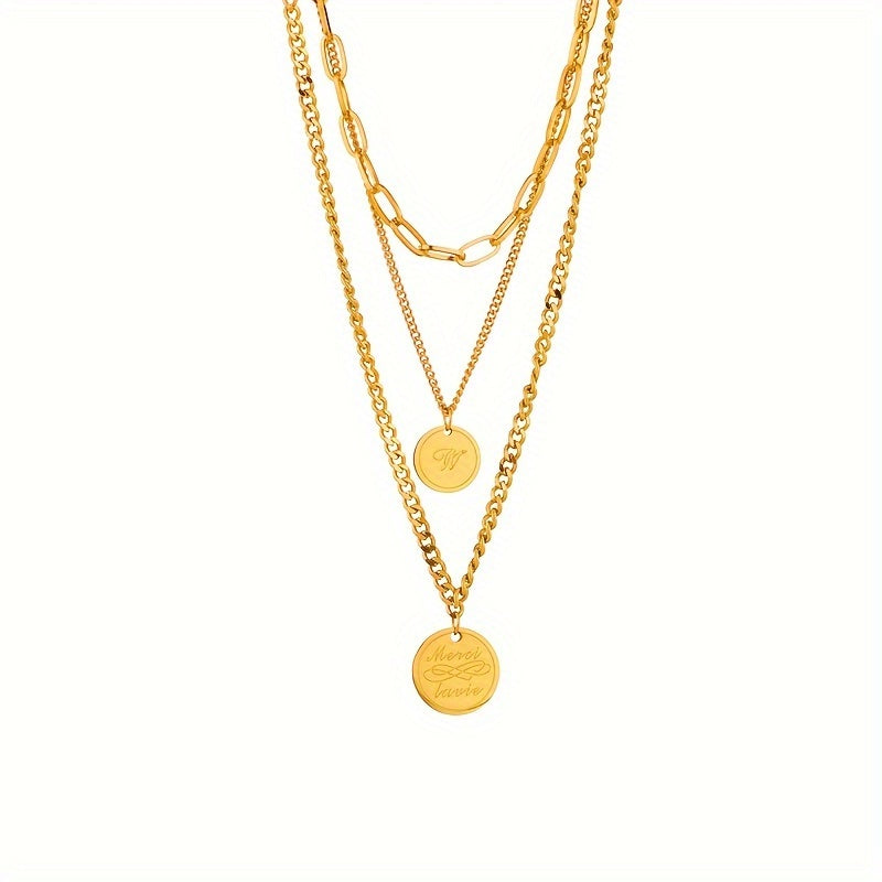 Elegant French-Inspired Three-Layer Necklace with Engraved Letter Pendants in 18k Gold Plated Stainless Steel, Featuring a Minimalist and Classic Style. Versatile Retro Design Perfect for Street Style, Daily Commute, Vacation, and Party Wear.