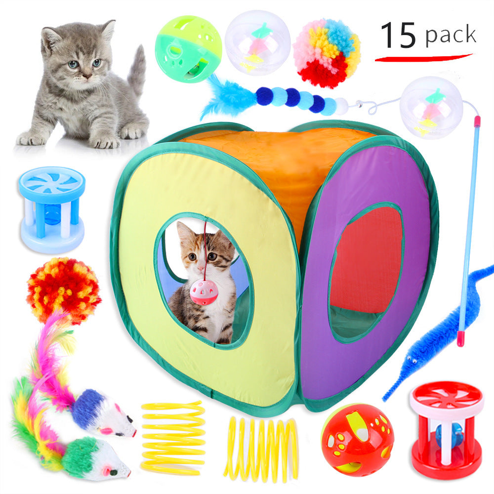 Myuilor Cat Toys Kitten Set includes Interactive Collapsible 3 Way Cat Tunnels and Cat Feather Toy, made of Polyester and does not require batteries.