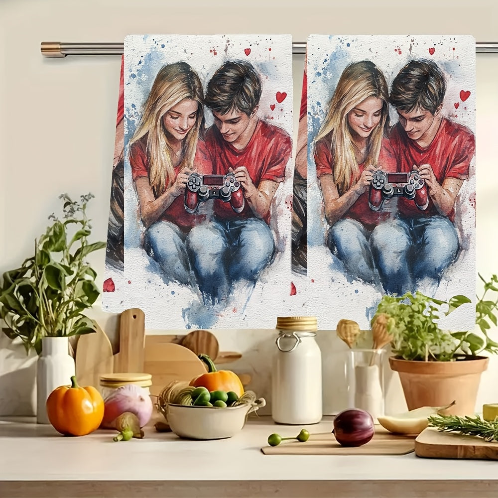 Valentine's Day Gamer Tee Video Game Lover 2-Piece Set of Ultra Soft Kitchen Towels, Highly Absorbent Dish Hand Towels for Holiday Decor, Machine Washable, 16x24 Inch - 2KYSYS1217516