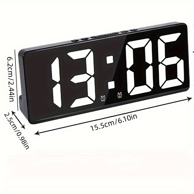 Digital LED alarm clock with temperature display, 12/24 hours, snooze mode, USB or AAA power supply, for bedroom and living room use.