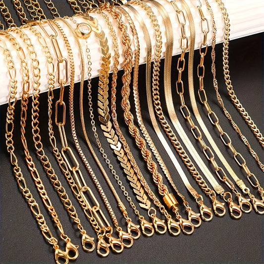 Chic 20-Piece Gold-Tone Alloy Chain Link Set with a Vintage Flair - Stylish Layered Snake Chains for Men & Women, Perfect for Parties, Everyday Wear, Gifting, and Halloween - Suitable for Year-round Use