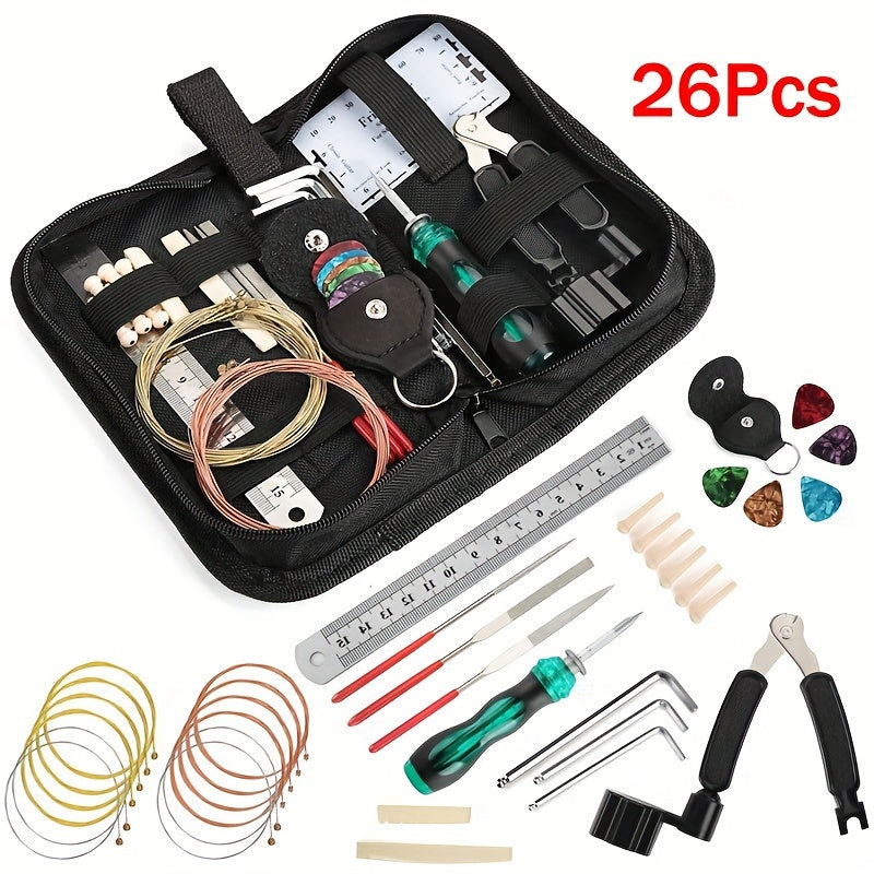 Guitar Repair Kit Set - Ideal Gift for Musicians and Guitar Enthusiasts, includes String Changing Tool, Tuning Wrench, File, Ruler, and Accessory Bag.