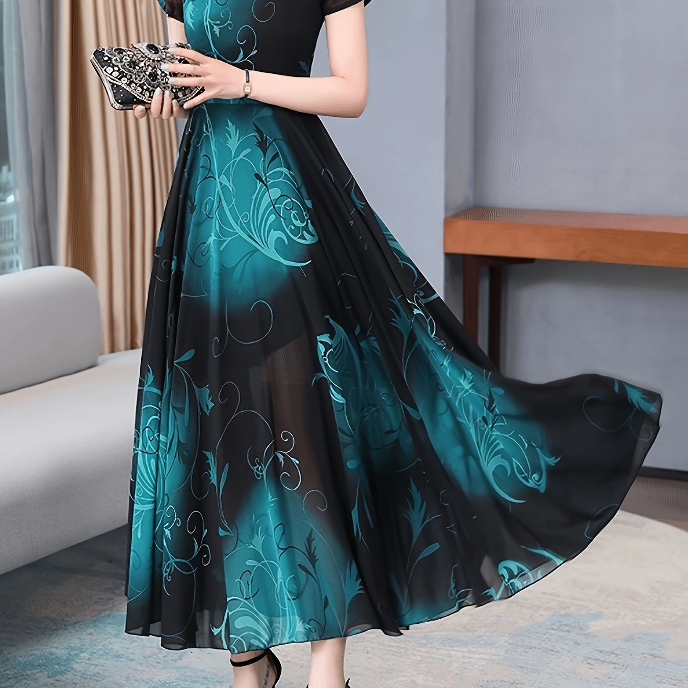 Polyester women's dress with floral print, round neck, hand wash only, suitable for spring/autumn, no stretch or see-through.