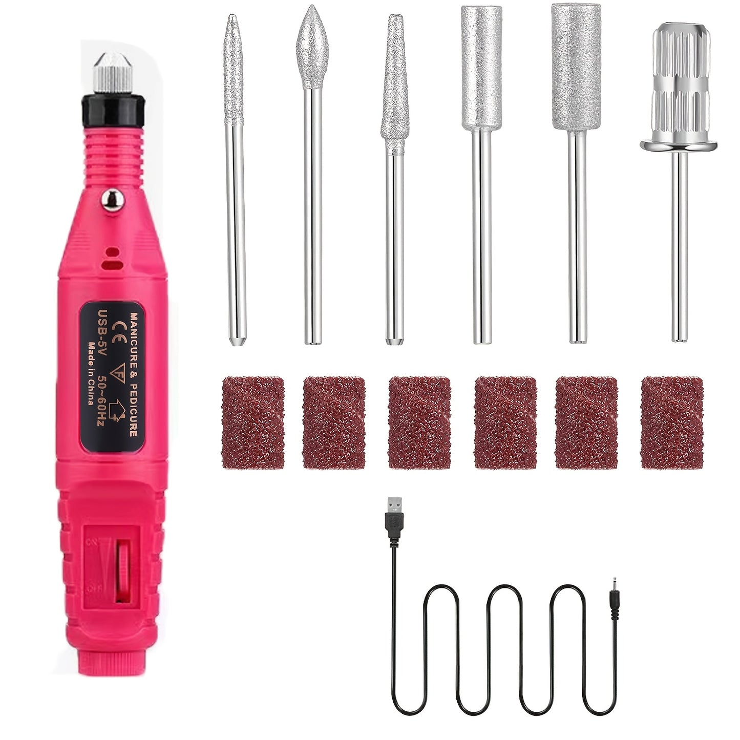 Portable electric nail drill kit with adjustable speed, USB-powered, includes multiple attachments for DIY nail art and manicure/pedicure, no battery required.