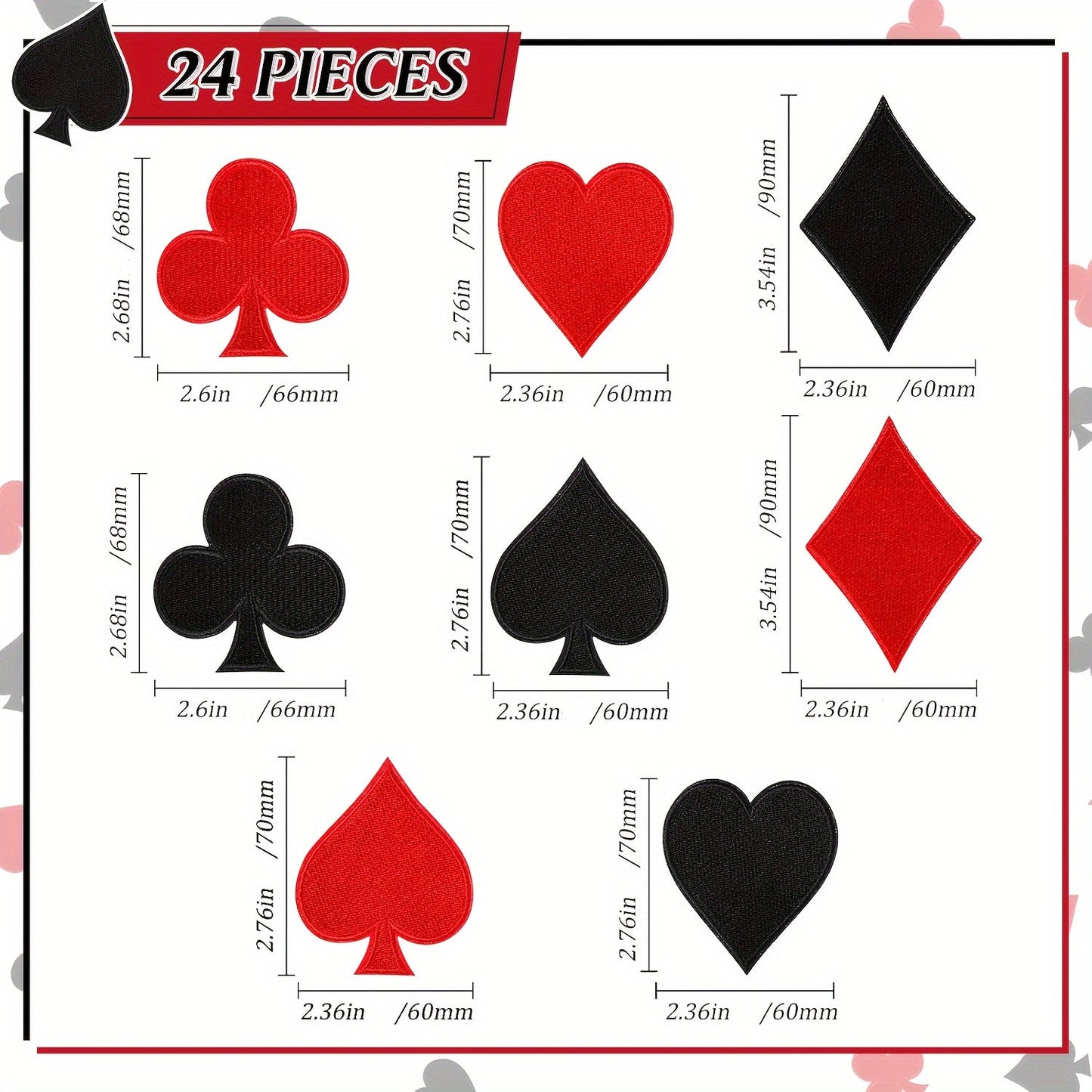 Set of 24 Iron-On Poker Patches for Halloween Costumes, Embroidered Polyester Patches featuring Red and Black Hearts, Spades, and Clubs, Ideal for Jeans, Hats, Bags, and Clothing