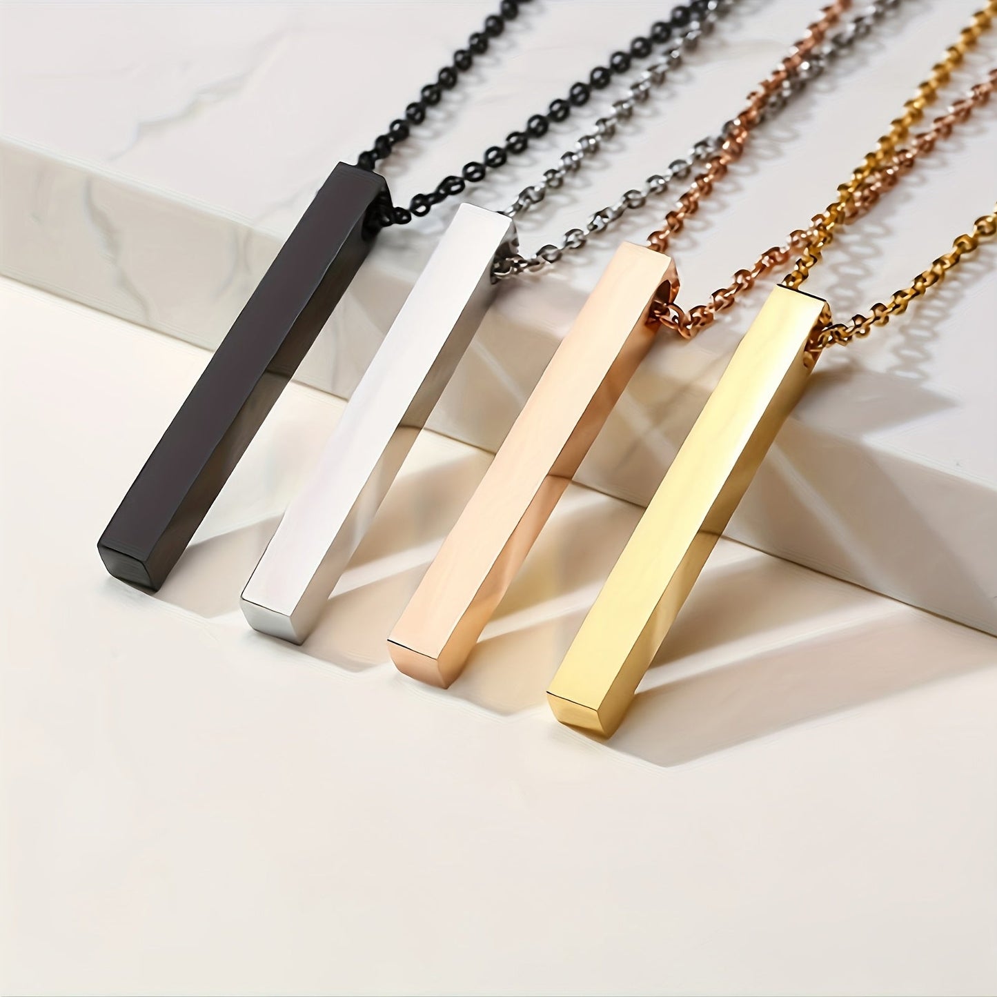 Customized Engraved Name Necklace - 3D Square Pendant available in Silvery, Golden, Rose Golden, and Black Stainless Steel. A sleek and stylish accessory perfect for women's daily wear or as a thoughtful gift. Personalized just for you, this necklace is