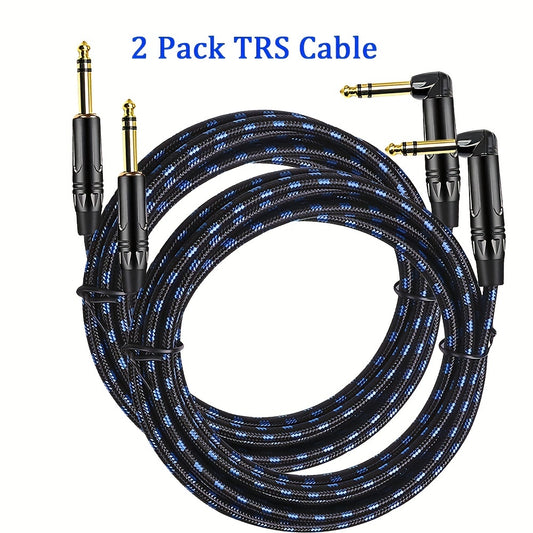 Two 1/4 Inch TRS Instrument Cables with 90 Degree Right-Angled to Straight connectors, suitable for various musical instruments and equipment.