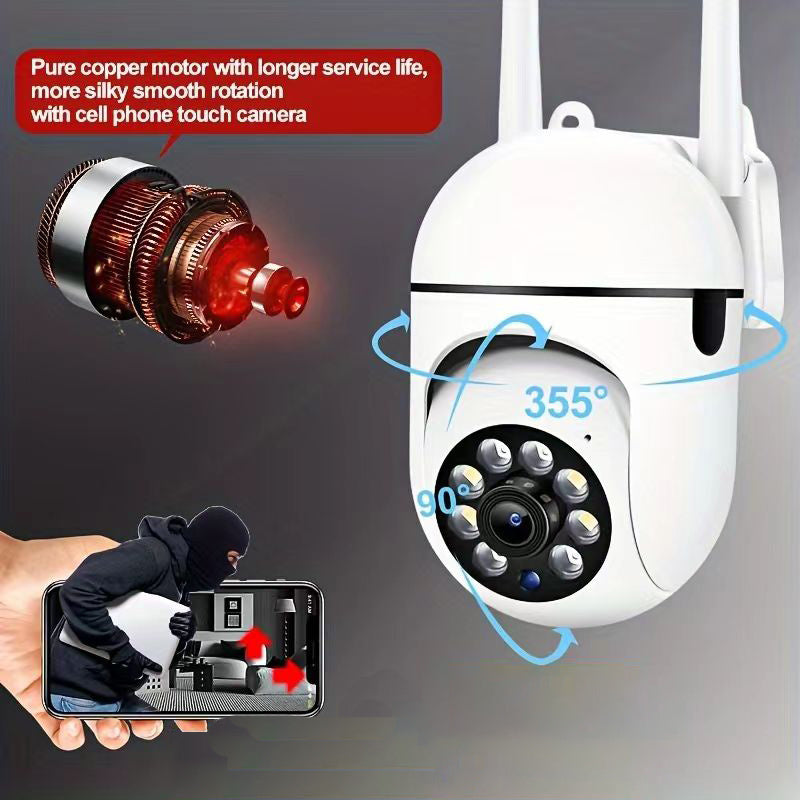 The 1YIIOT 1080P HD Spherical Security Camera offers wireless connectivity, color night vision, motion detection, two-way audio, PTZ functionality, app control, and is USB powered. Please note that it is not waterproof.