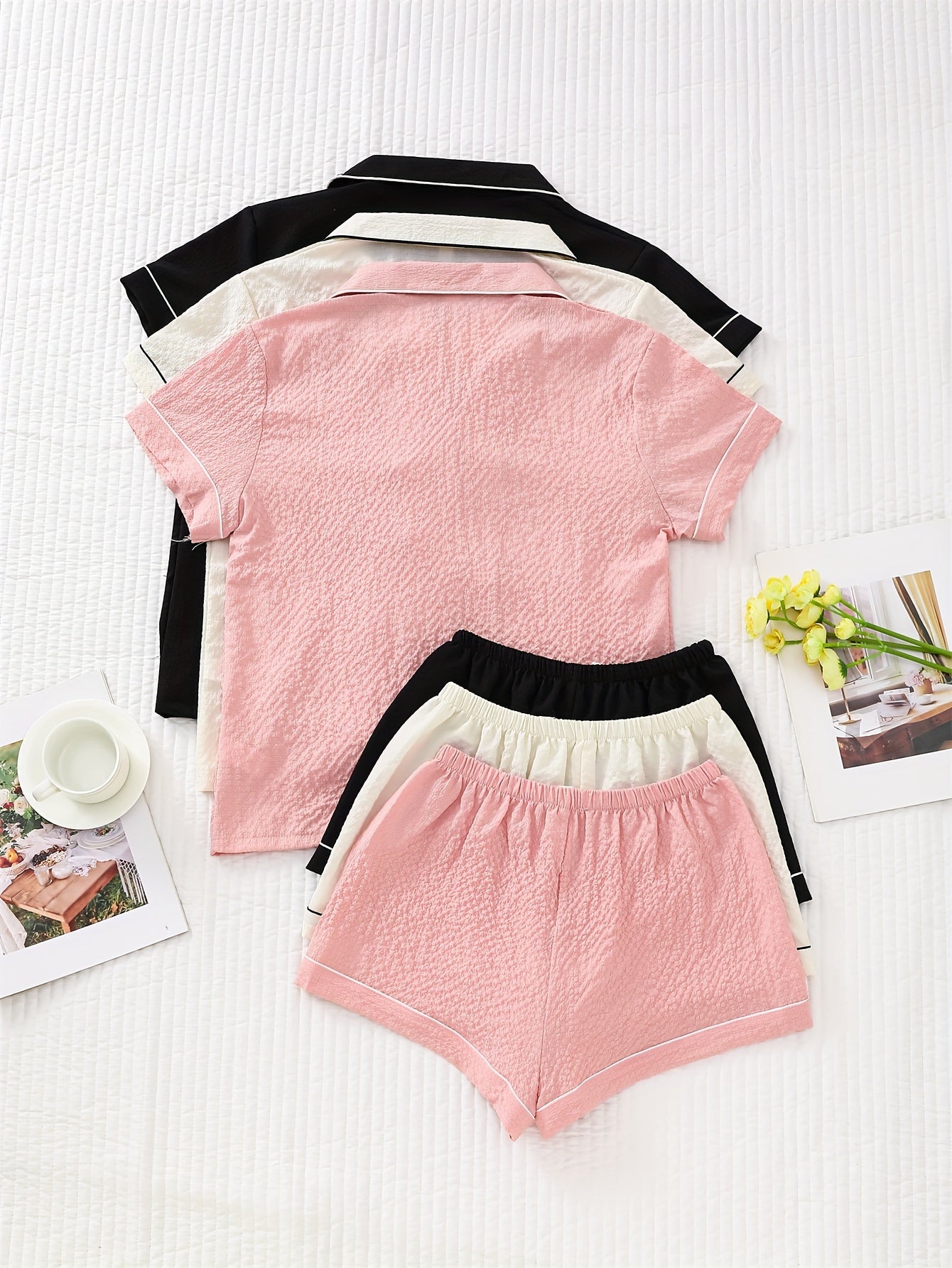 3-piece set of summer pajamas: Hemmed contrast color collar top with pocket embroidery, button closure, and bow shorts for women.