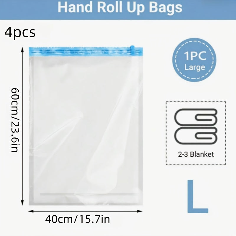 Space saving just got easier with our 4-Pack of Compression Storage Bags! These innovative bags do not require a pump, simply roll up to remove excess air and compress your clothes for maximum storage space. Perfect for organizing clothes, luggage, and