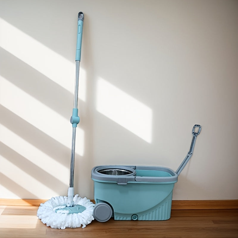 Effortlessly clean your kitchen, bathroom, and living room with the Easy-Wring Spin Mop and Bucket Set. Featuring a stainless steel design and hands-free washing, this set requires no electricity for a convenient cleaning experience.