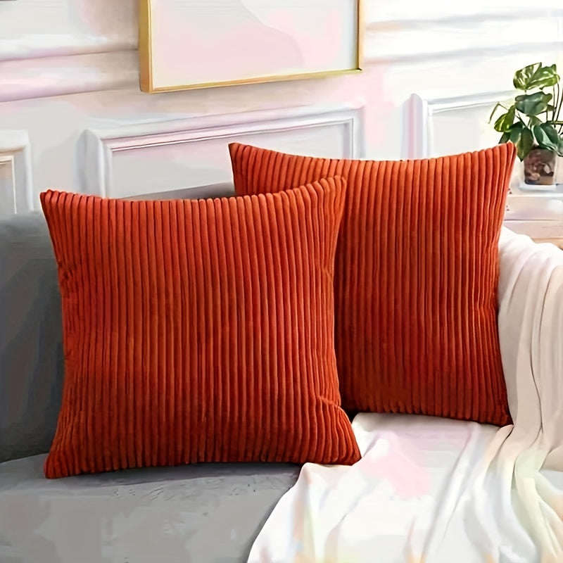 Stylish soft corduroy throw pillow covers in a striped square pattern for living room, bedroom, or sofa decor. Features double-sided printing and fits 45.72cm pillows. Set of 2, pillow inserts not included.