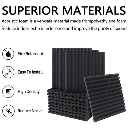 24 Pack of acoustic foam panels for noise reduction and echo treatment in recording studios, home theaters, offices, and gaming rooms, made of high-density flame-retardant foam.