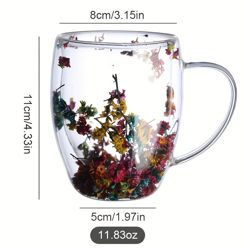 1pc double-layer glass cup with real flowers and flowing sand, perfect for hot drinks, milk, or summer beverages, ideal as a birthday gift.