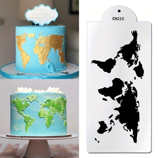 Cake stencil for map shape design, measuring 14.99cm X 35.05cm. Ideal for decorating cakes with spray flower patterns, made of durable plastic. Can also be used for cookies, fondant, and desserts. Perfect for baking enthusiasts and kitchen lovers.