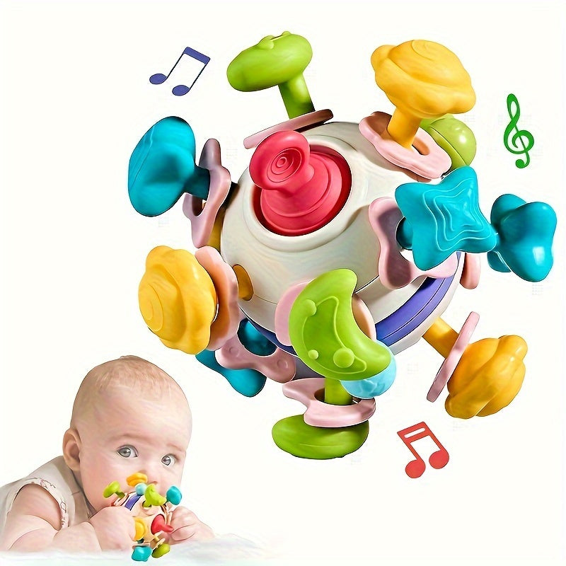 Soft baby training toy designed for infants to practice hand-grabbing skills in a fun Manhattan space-ball theme.