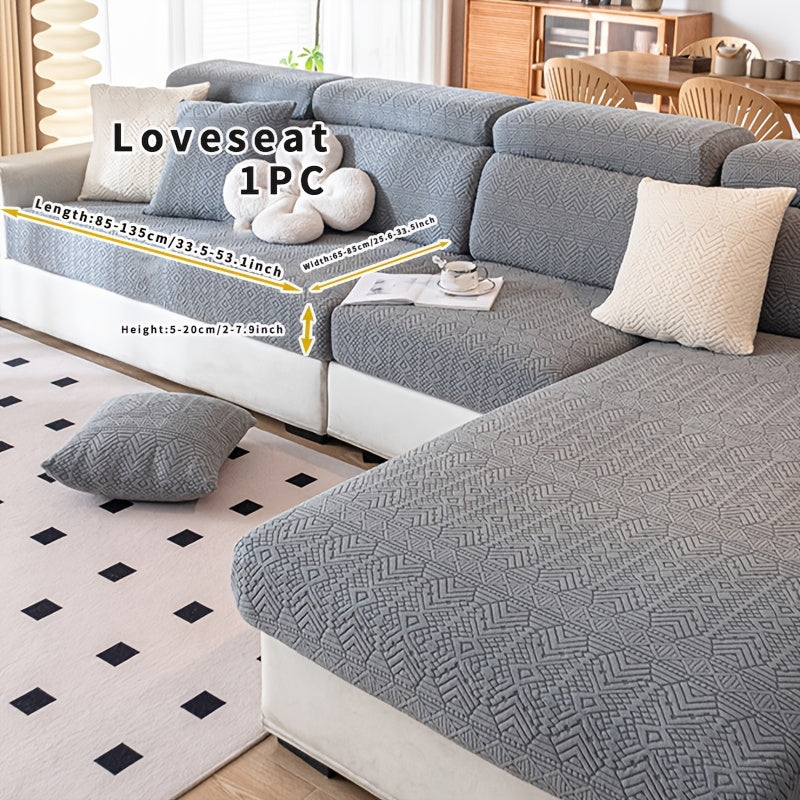 Boho Stretch Sofa Cover made of elastic polyester and spandex, pet-friendly, machine washable, fits various sofa sizes.