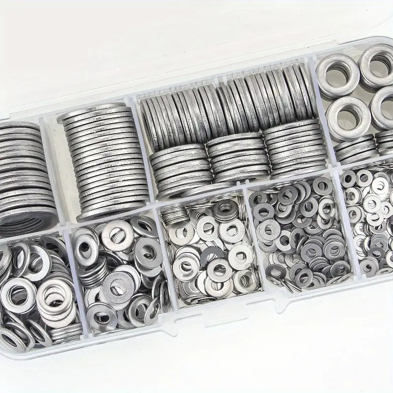 180-piece Stainless Steel Flat Washer Set (M2-M10) for various uses like screws, bolts, mud flaps in home decor, factory repair, kitchens, shops.