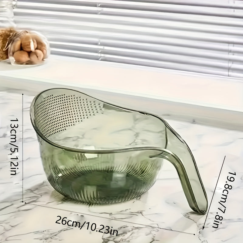 Versatile rice washing strainer basket made of durable plastic for draining and rinsing grains, fruits, and vegetables without needing electricity.