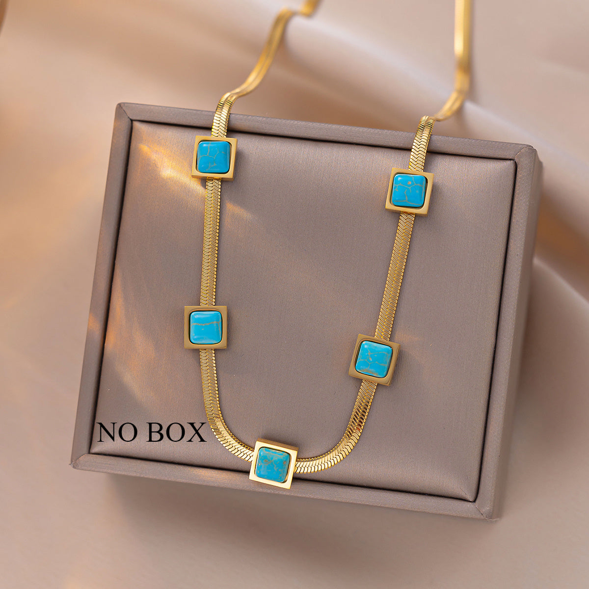 Stylish 18K Gold Plated Square Pendant Necklace with Synthetic Turquoise, Stainless Steel - Ideal Gift for Loved Ones - Versatile Piece for Daily Wear, Street Style, Parties, and Ramadan Celebrations - Suitable for All Seasons