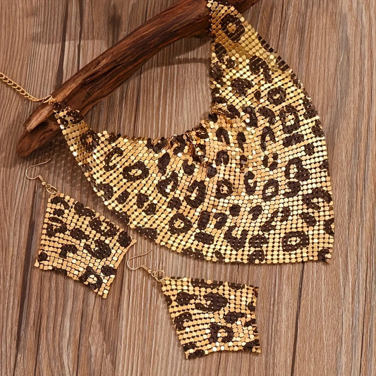 Set of stylish retro triangle scarf, shimmering silky scarf with sequins, elaborate false collar, bold leopard print statement collarbone necklace and earrings for women with a distinctive personality.