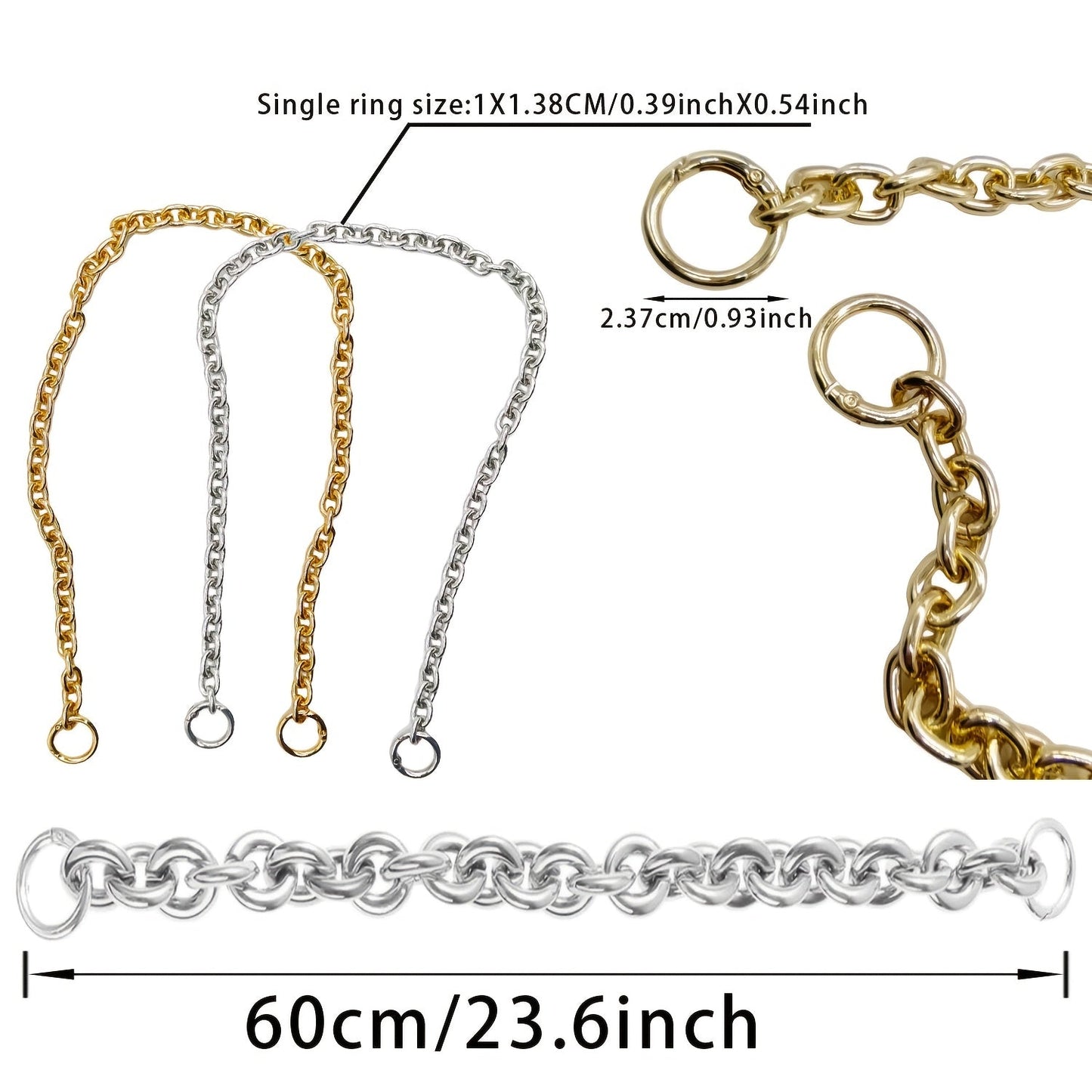 Get one piece of heavy-duty metal portable bag handles with a 60cm gold-tone chain shoulder strap. This durable handbag chain is a great alternative to traditional handles and comes with an acrylic short handle replacement for DIY purse repairs. Perfect