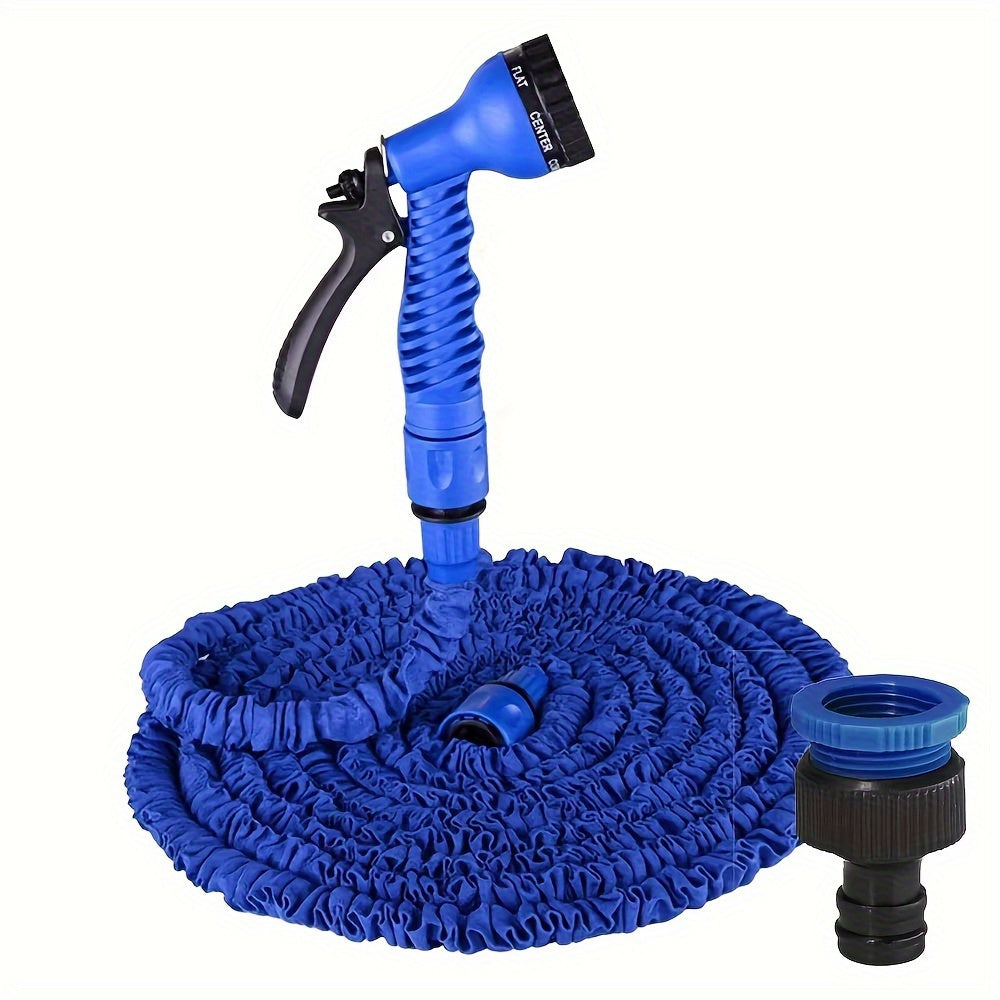 Blue garden hose with adjustable spray gun, durable and flexible for various tasks like watering plants, car washing, lawn care, and home cleaning. Compatible with G1/2" connector.