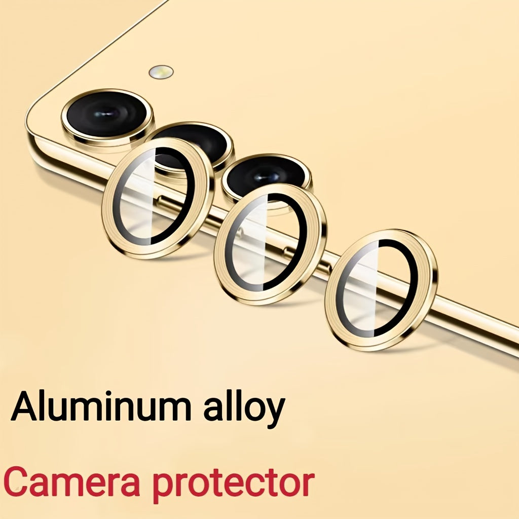 Set of 3 camera metal rings and tempered glass lens protectors for various Samsung Galaxy models.