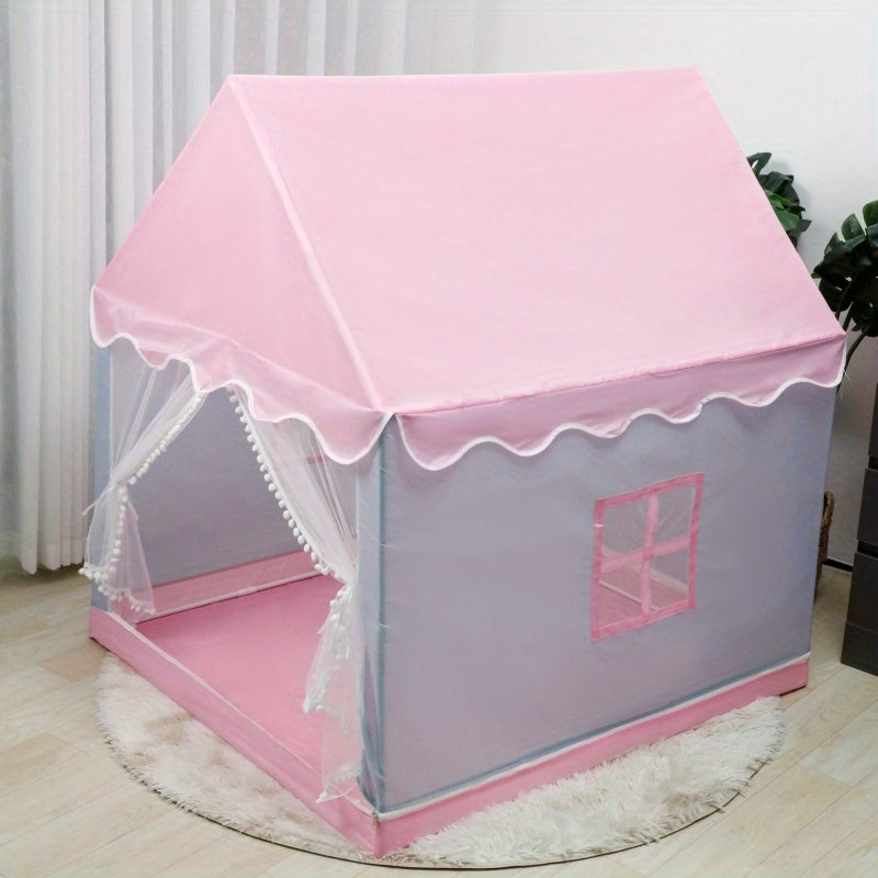 Pink indoor tent castle with hanging toy, made of durable PVC and polyester. Features plush interior, clock, and cute duckling decor for kids' rooms and kindergarten.