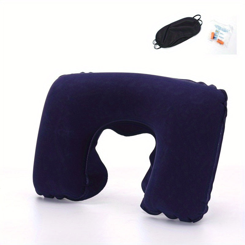 Inflatable U-shaped Travel Pillow Set with Short Plush Cover, PVC Support Headrest, Earplugs, and Eyeshade for Car or Office Use