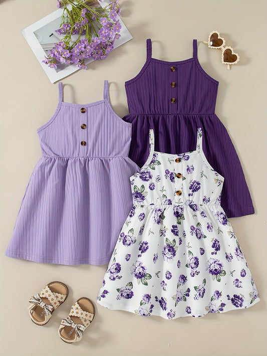 Three-piece set of fashionable strapless floral print dresses for girls.