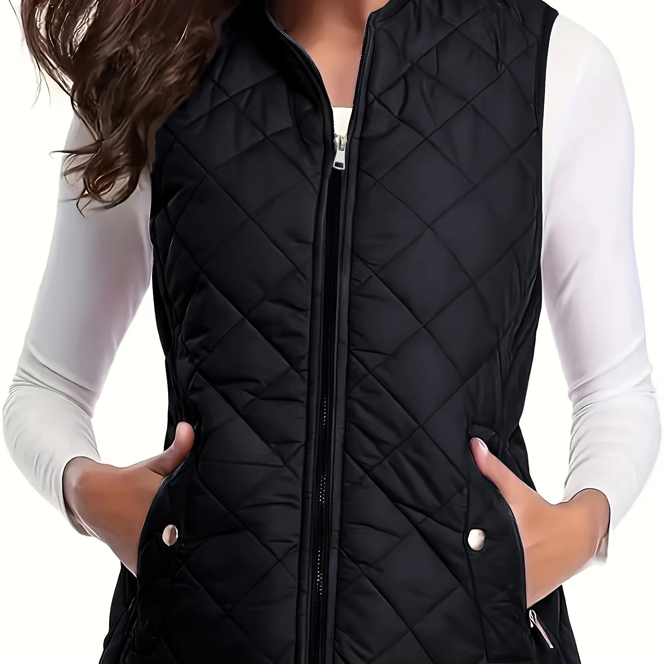 Women's sleeveless vest jacket with zipper in plain color, suitable for autumn and winter, in large size