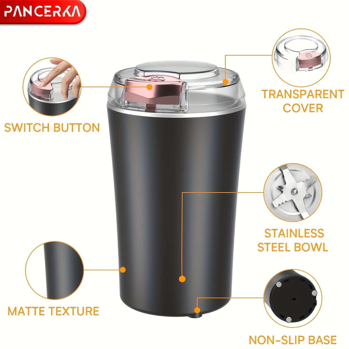 The PANCERKA Electric Coffee Grinder features a large capacity, stainless steel blades, one-touch operation, transparent lid, and a compact design with a safe locking system. It is easy to