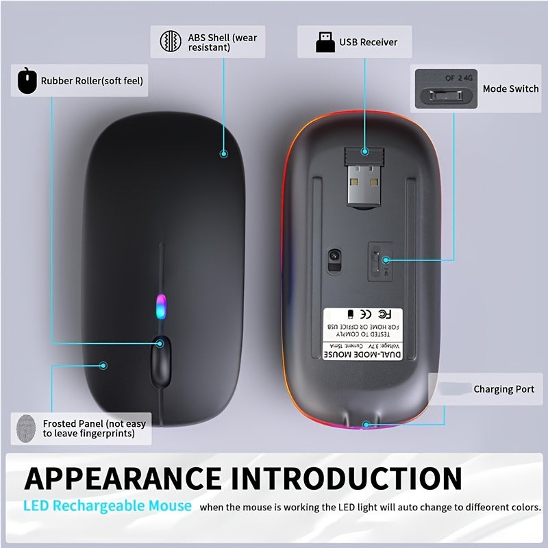 Rechargeable wireless LED mouse for laptops and desktops. Dual-mode wireless or USB connection, silent and portable design. Ambidextrous optical mouse. Compatible with Windows 10.