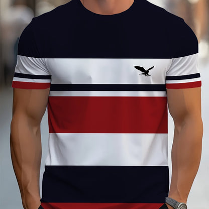 Men's Fashion Striped Polyester T-Shirt with Crew Neck and Short Sleeves, 3D Digital Print, Weekend Casual Wear, Breathable and Stylish.