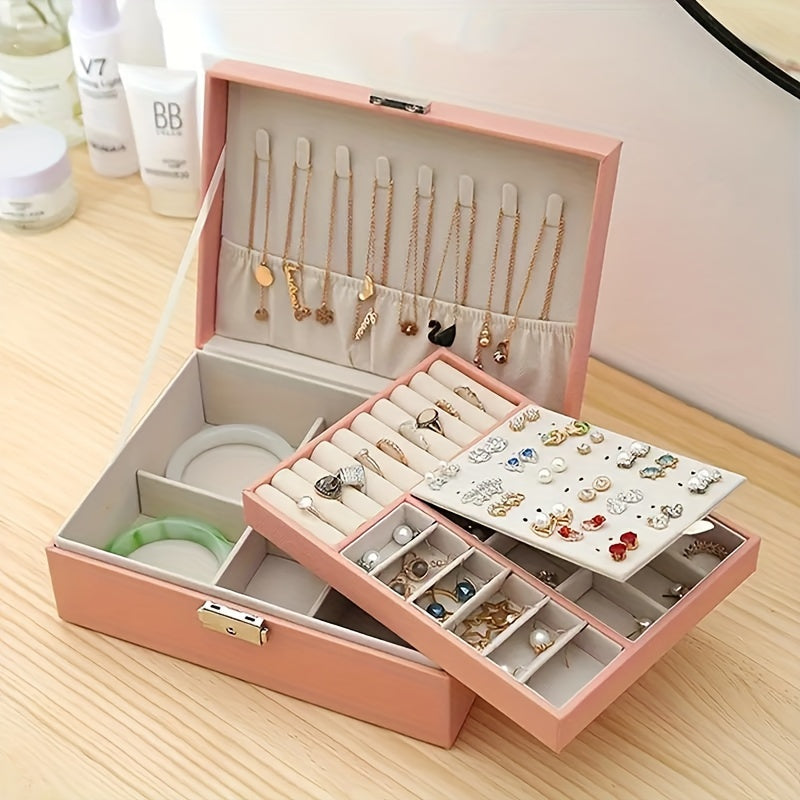 Storage box for jewelry items including stud earrings, trinkets, necklaces, rings, and earrings with safety lock and double-layer capacity.