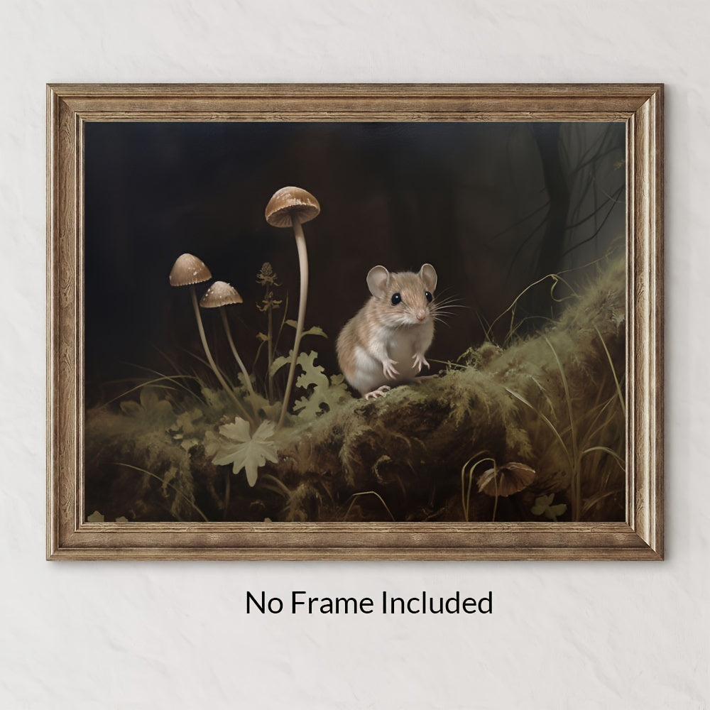 Canvas art featuring a charming mouse and mushrooms in a forest-inspired oil painting print. Ideal for enhancing the decor of a living room or bedroom. Unframed dimensions are 29.97x39.88 cm.